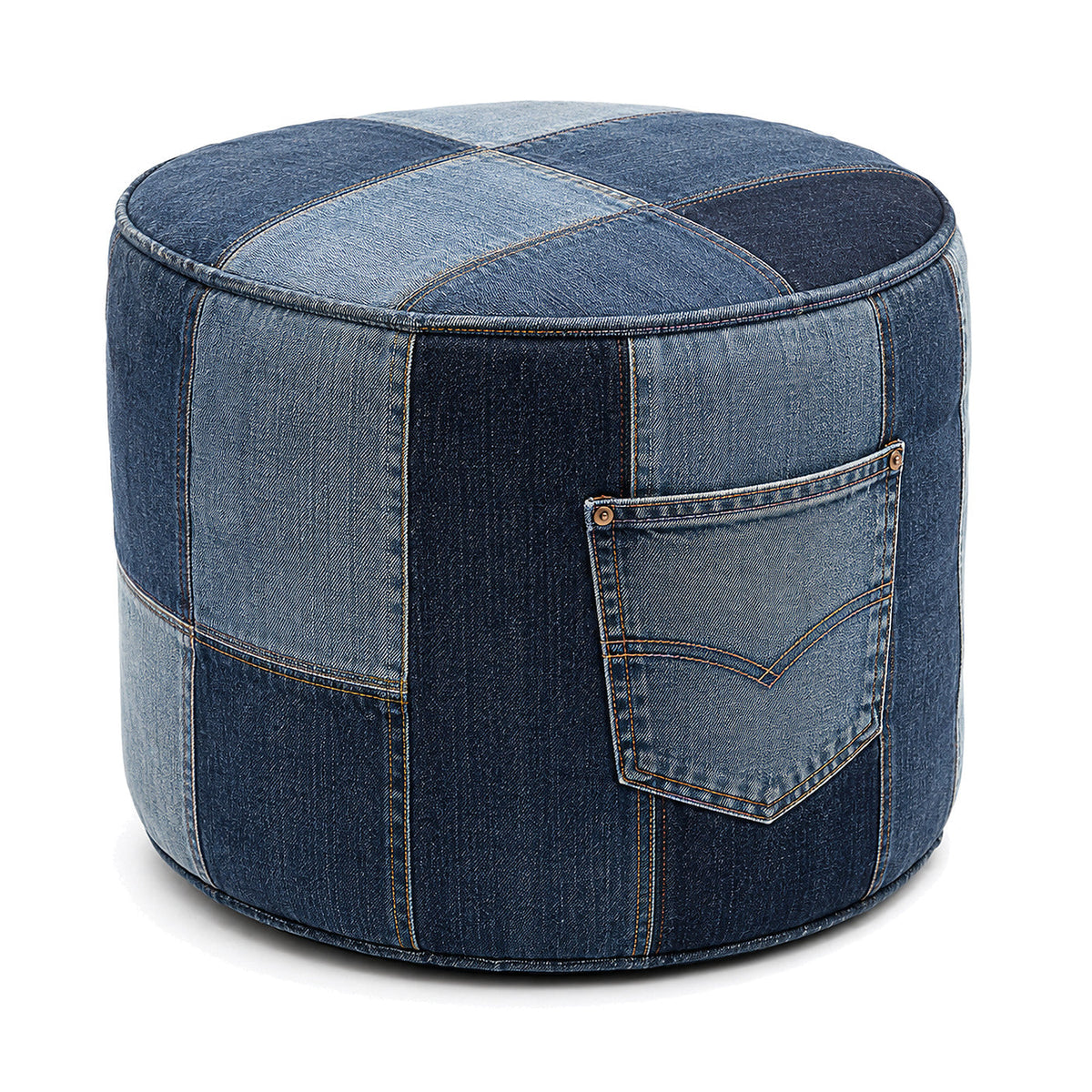 Indigo Denim Patchwork Cylinder Pouf with Pocket by Primeval on white background