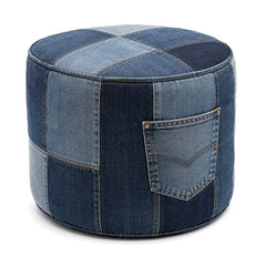 Indigo Denim Patchwork Cylinder Pouf with Pocket by Primeval on white background