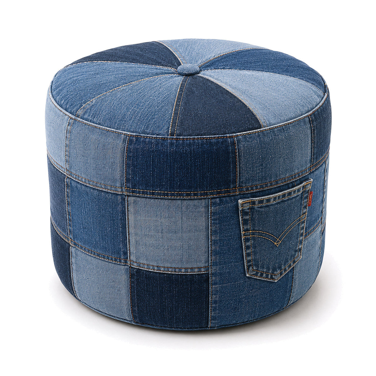 Indigo Denim Patchwork Round Pouf with Front Pocket by Primeval on white background