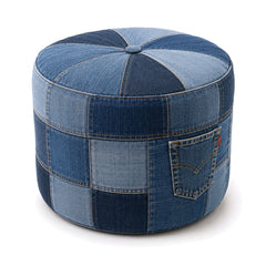 Indigo Denim Patchwork Round Pouf with Front Pocket by Primeval on white background
