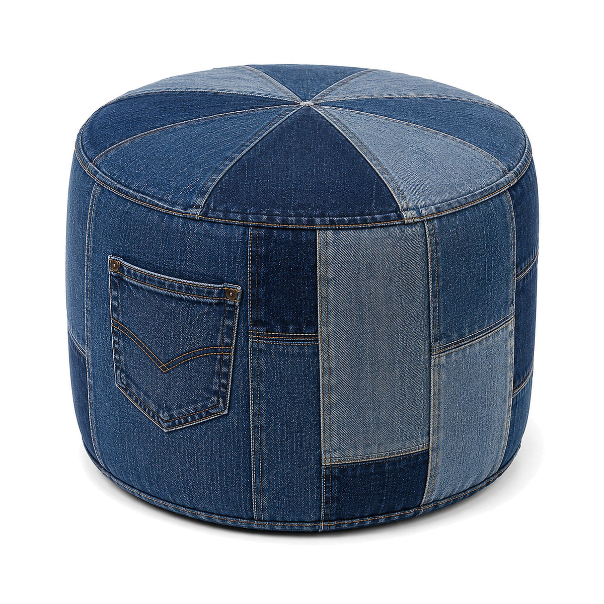 Indigo Denim Radial Panel Round Pouf with Pocket by Primeval on white background