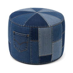 Indigo Denim Radial Panel Round Pouf with Pocket by Primeval on white background