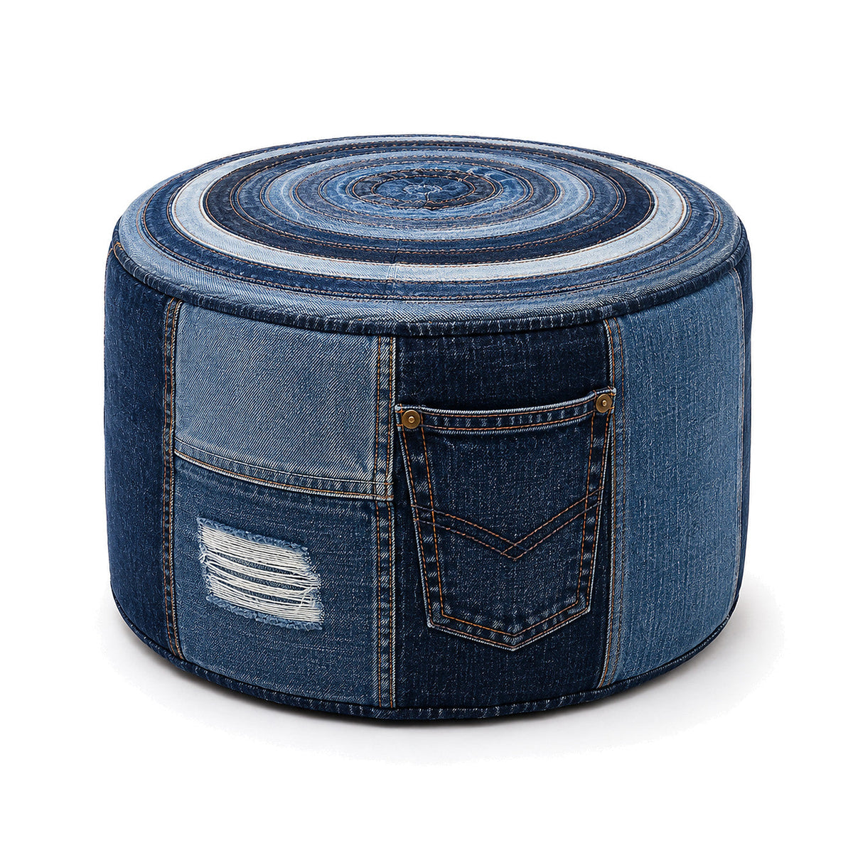 Indigo Denim Spiral Patchwork Round Pouf with Pocket by Primeval on white background
