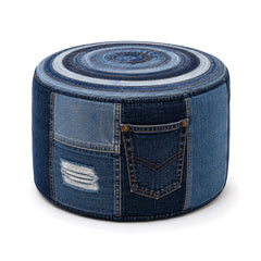 Indigo Denim Spiral Patchwork Round Pouf with Pocket by Primeval on white background