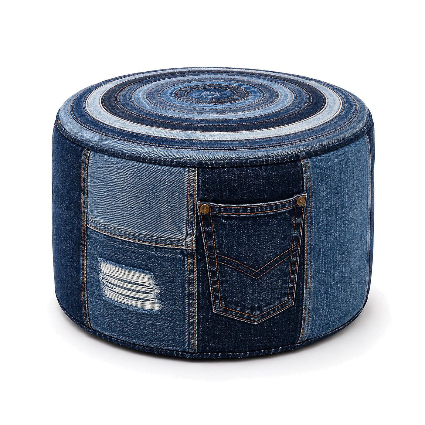 Indigo Denim Spiral Patchwork Round Pouf with Pocket by Primeval on white background
