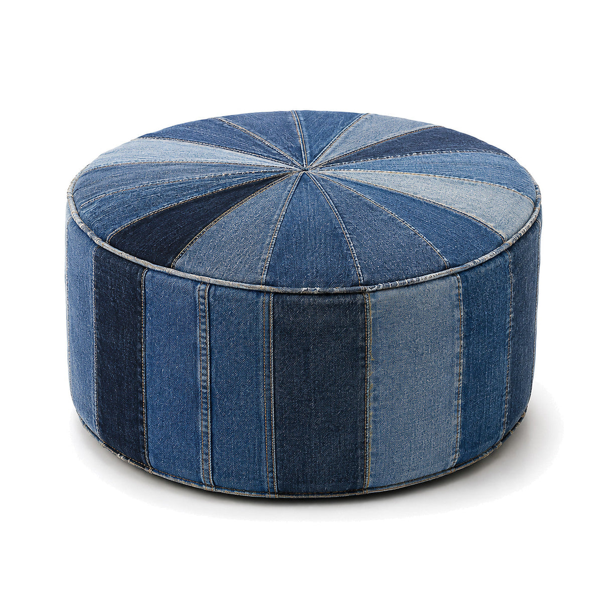 Indigo Denim Sunburst Round Pouf Ottoman by Primeval on white background