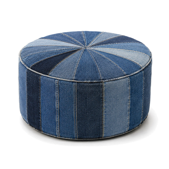 Indigo Denim Sunburst Round Pouf Ottoman by Primeval on white background