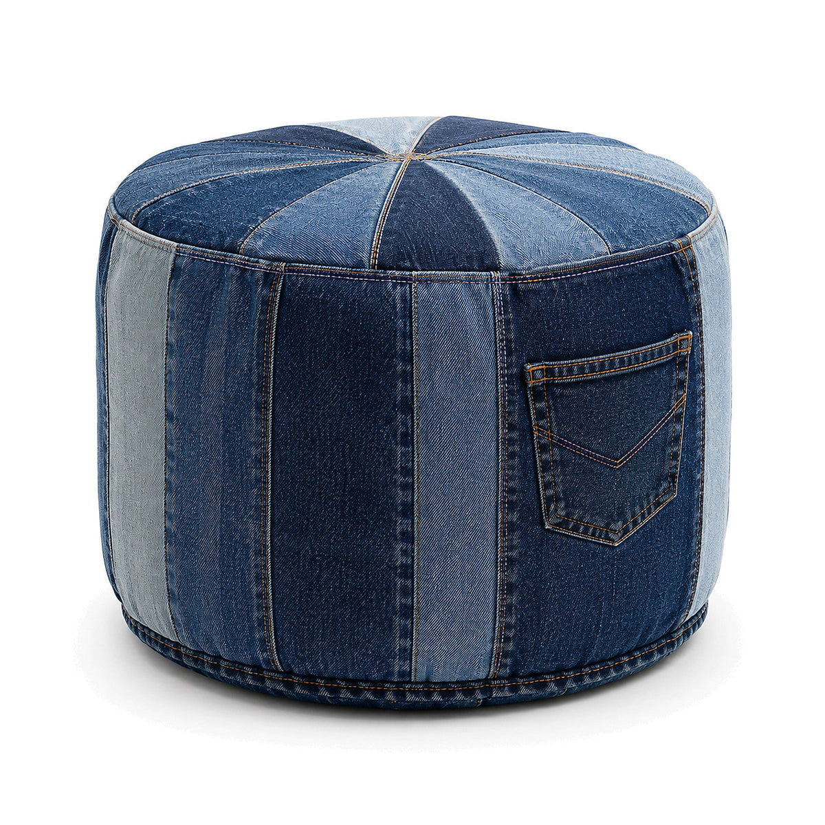Indigo Denim Vertical Panel Round Pouf with Pocket by Primeval on white background