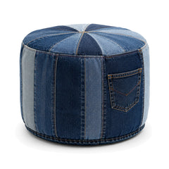 Indigo Denim Vertical Panel Round Pouf with Pocket by Primeval on white background
