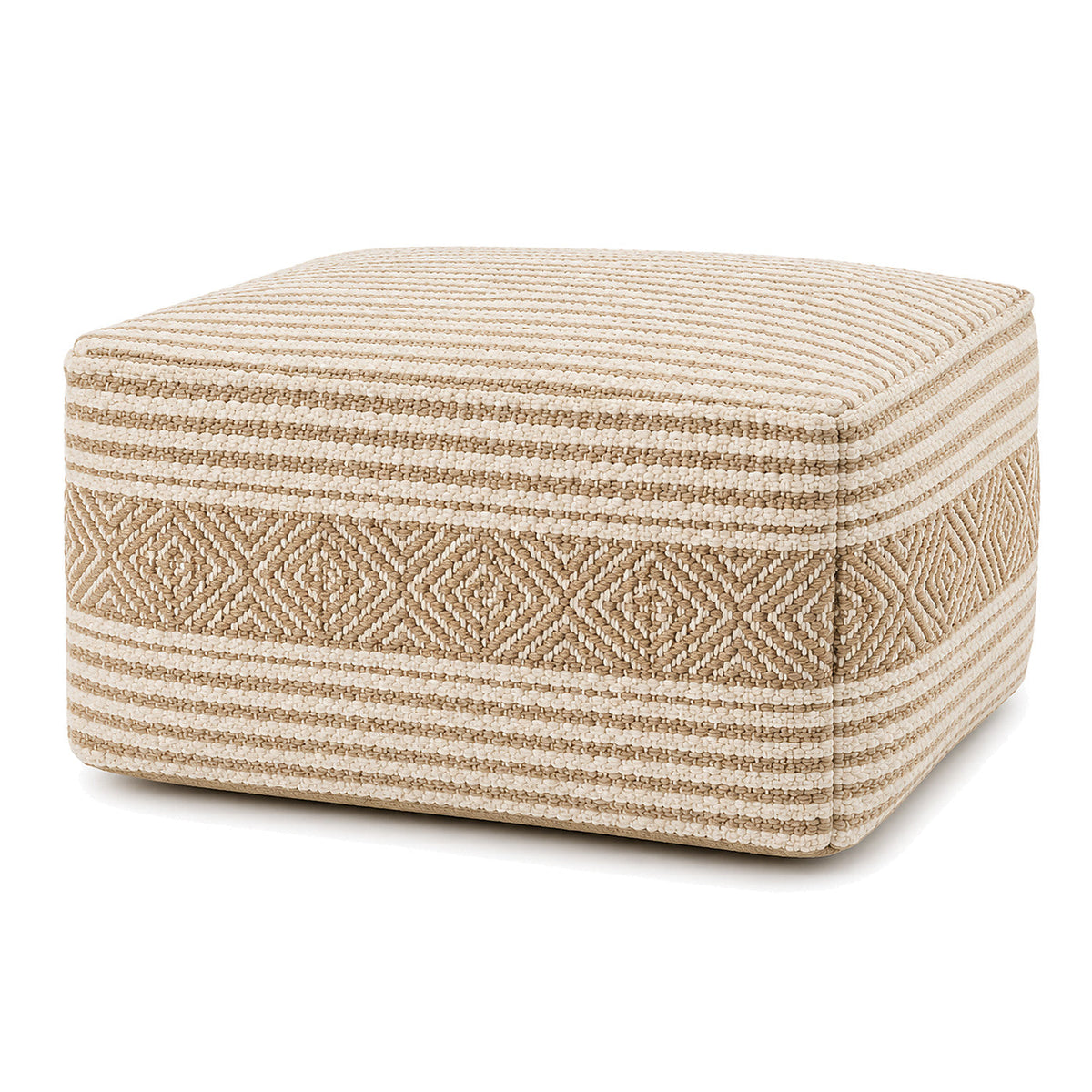 Ivory & Beige Fine Stripe Woven Rectangular Pouf by Primeval on white background