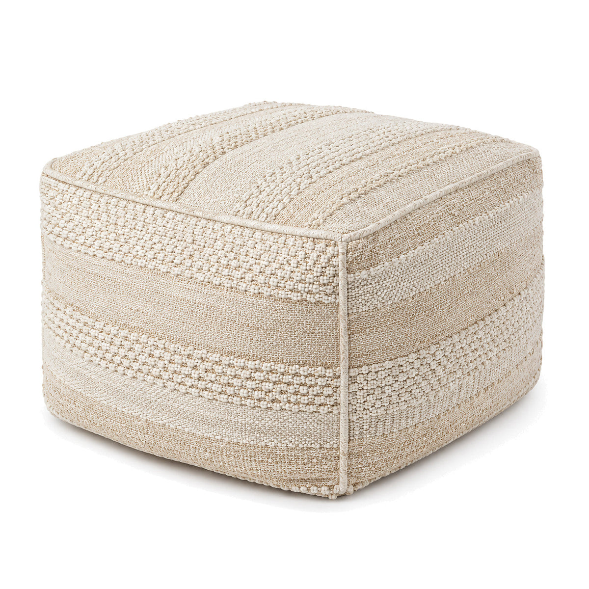 Ivory & Beige Layered Stripe Woven Cube Pouf by Primeval on white background