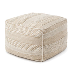 Ivory & Beige Layered Stripe Woven Cube Pouf by Primeval on white background