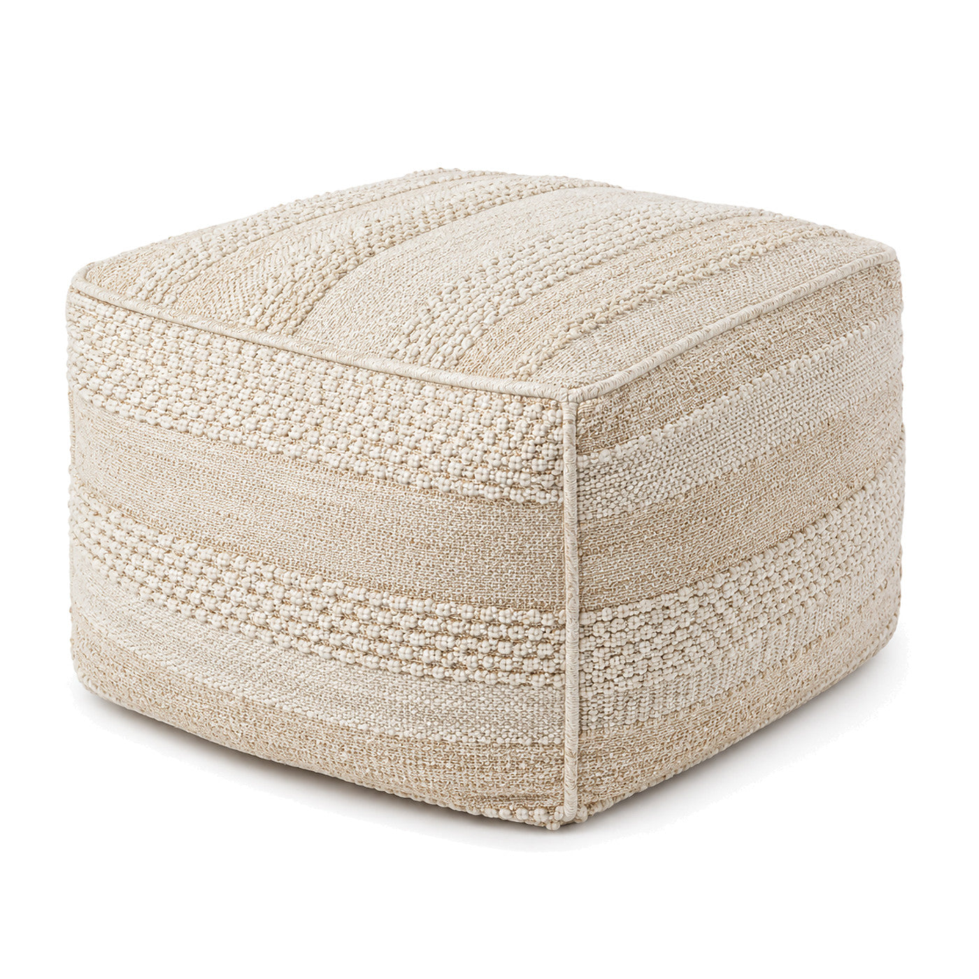 Ivory & Beige Layered Stripe Woven Cube Pouf by Primeval on white background