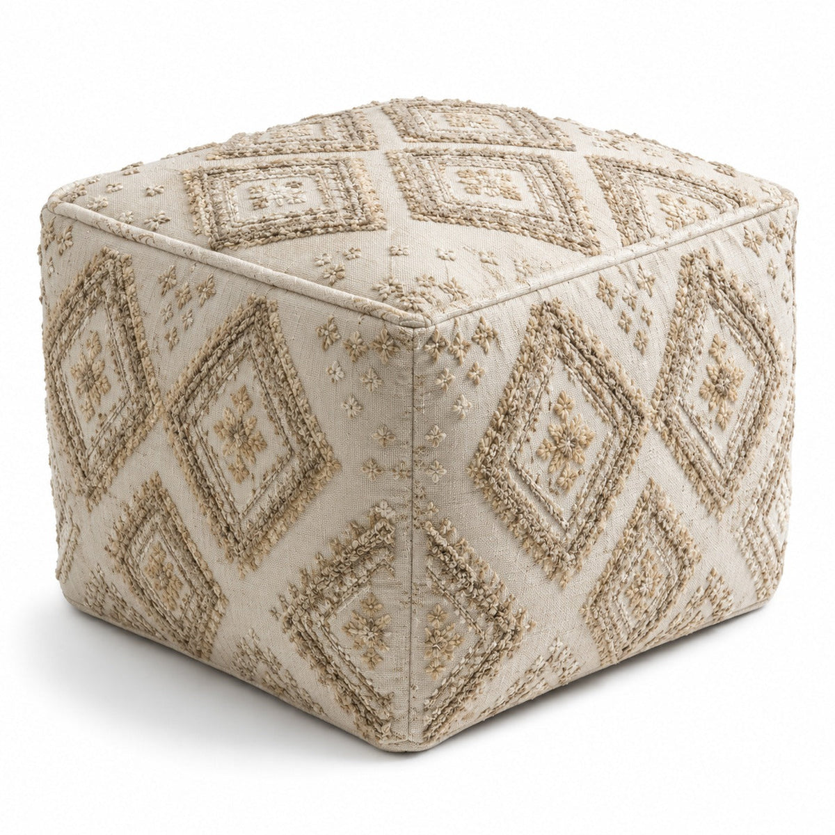 Ivory & Beige Raised Diamond Tufted Cube Pouf Ottoman on white background