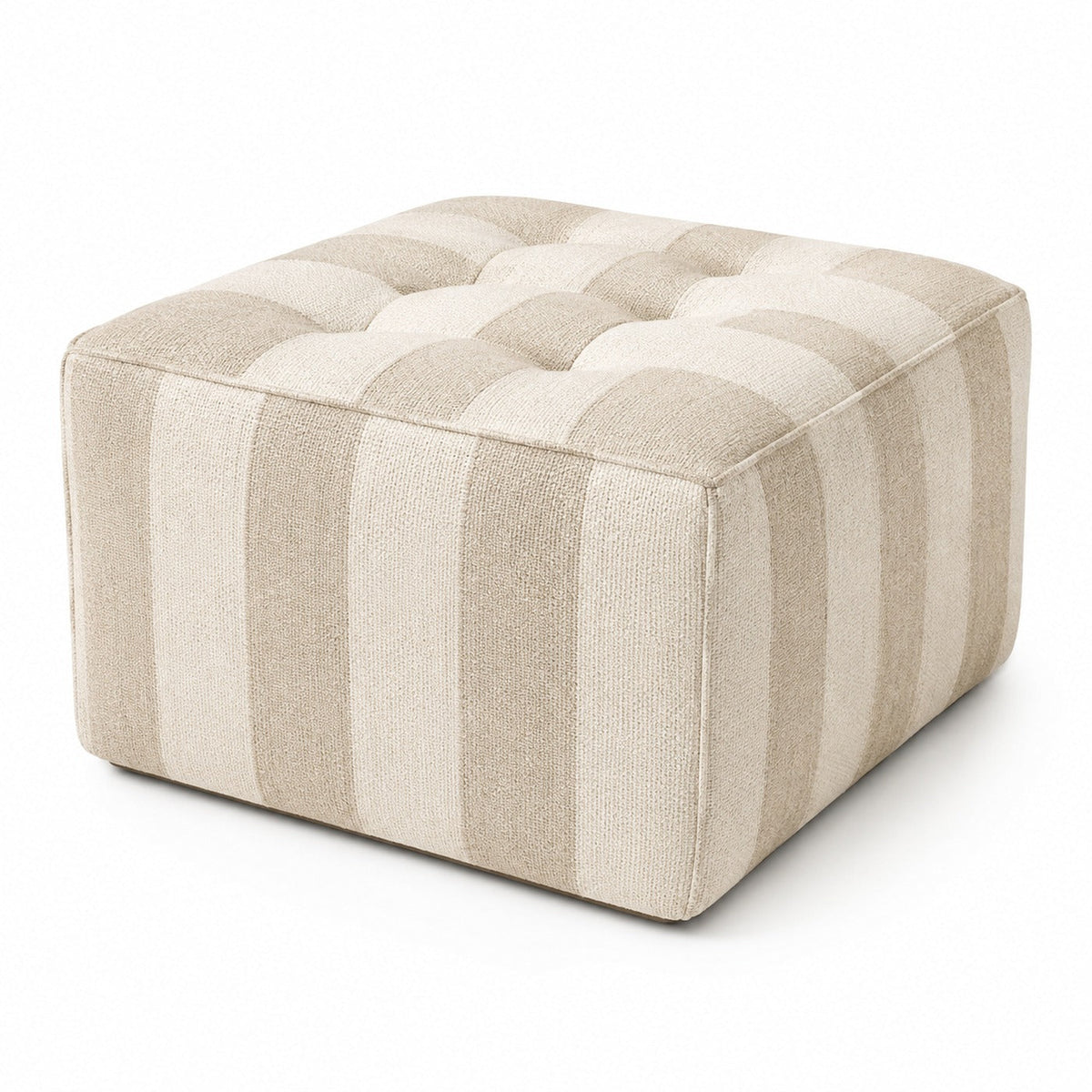 Ivory & Beige Stripe Button-Tufted Square Pouf Ottoman on white background