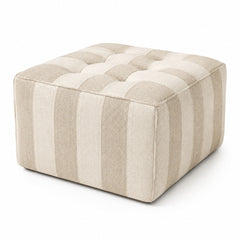 Ivory & Beige Stripe Button-Tufted Square Pouf Ottoman on white background