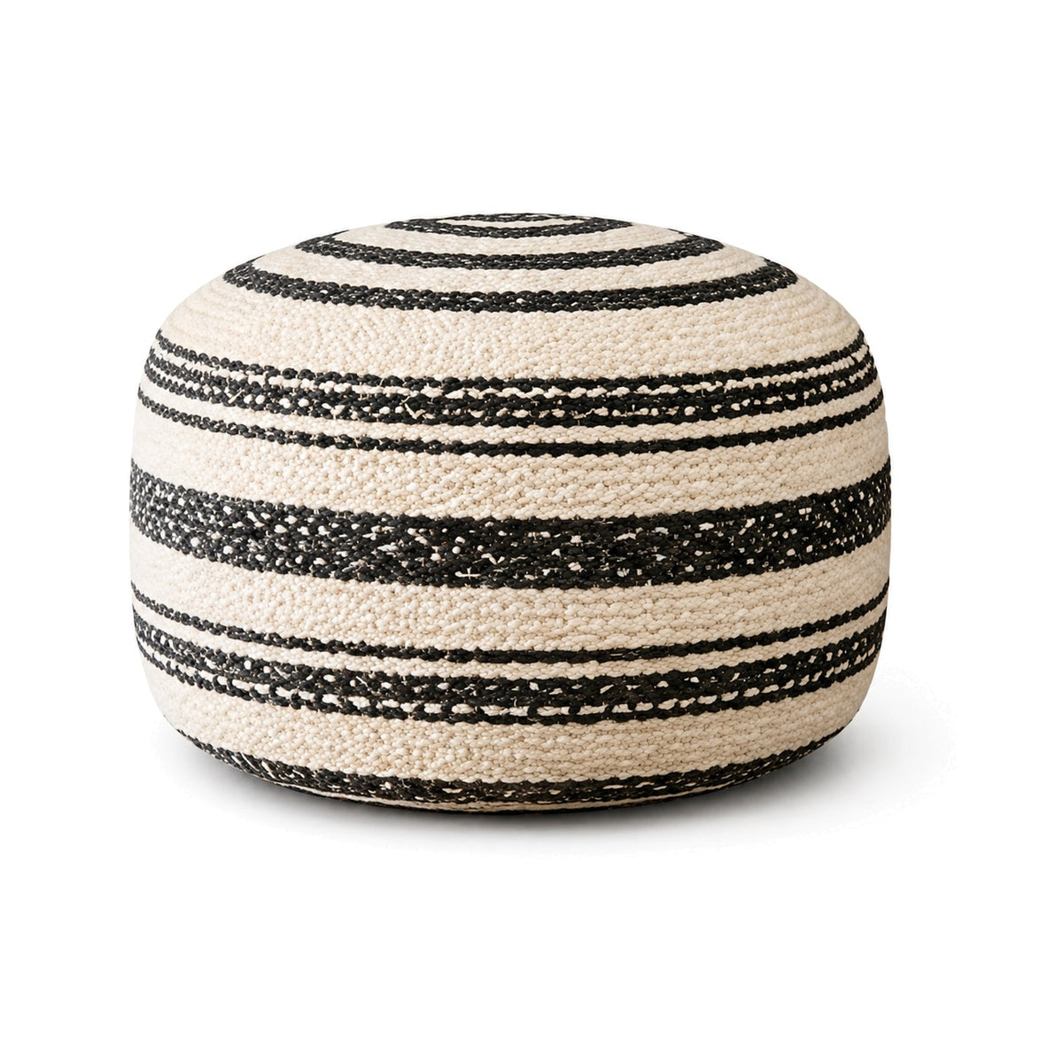Ivory and black clean stripe tribal round pouf ottoman on white background