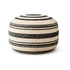 Ivory and black clean stripe tribal round pouf ottoman on white background