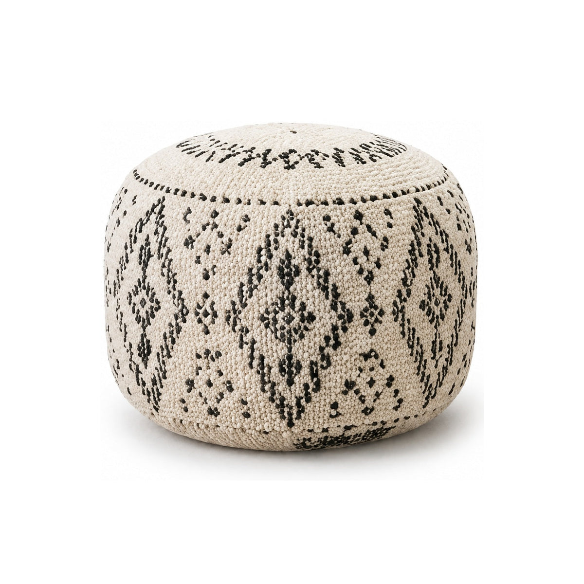 Ivory & Black Diamond Tribal Round Pouf Ottoman on white background