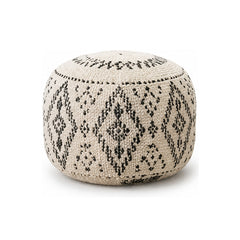 Ivory & Black Diamond Tribal Round Pouf Ottoman on white background