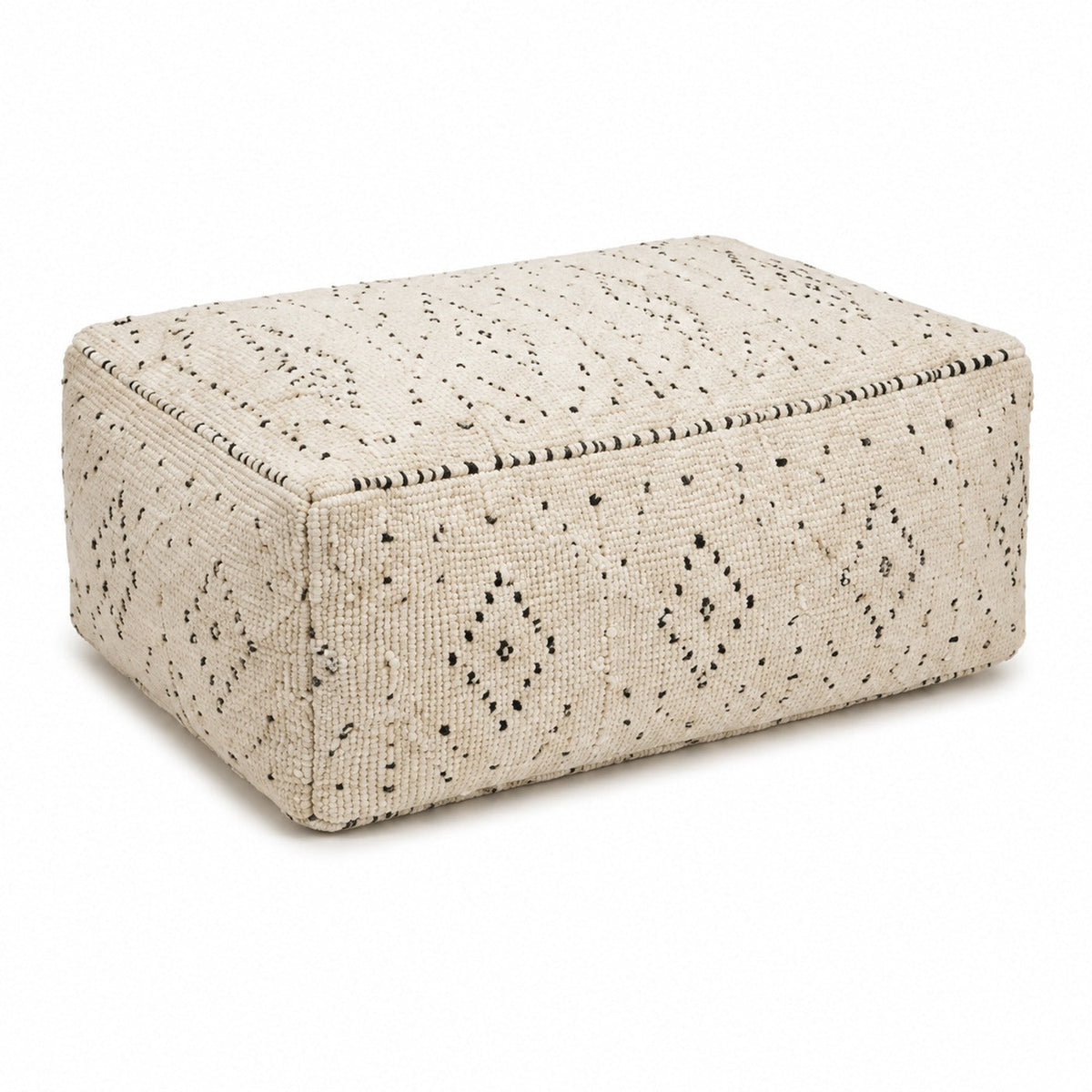Ivory & Black Dotted Diamond Woven Rectangular Pouf Ottoman on white background