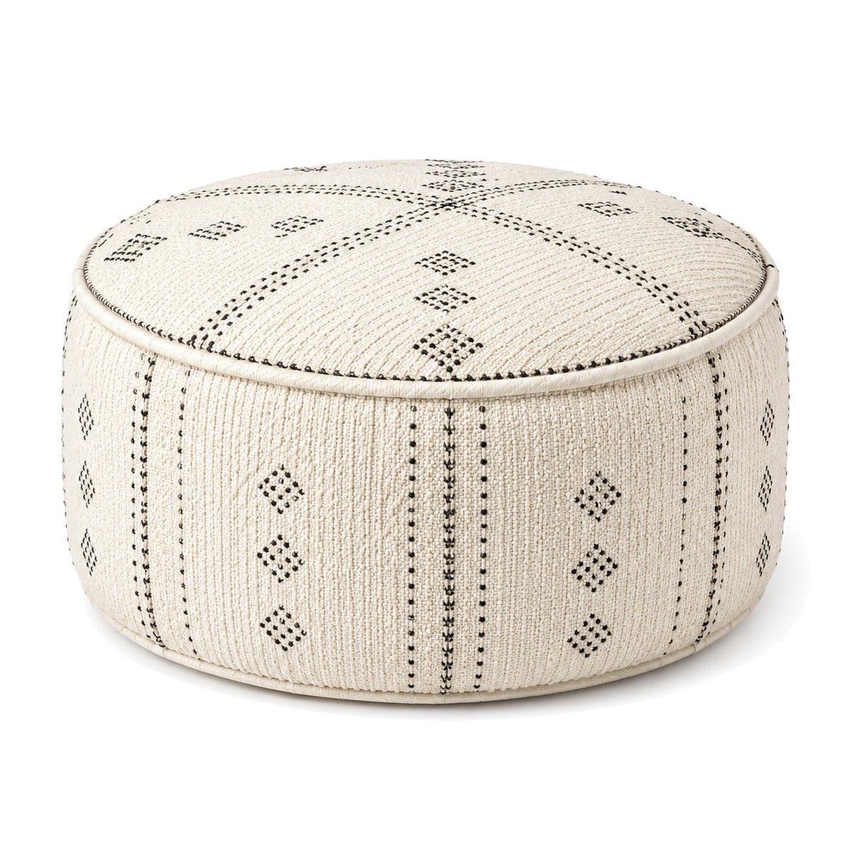 Ivory & Black Geometric Stitch Round Pouf Ottoman by Primeval on white background