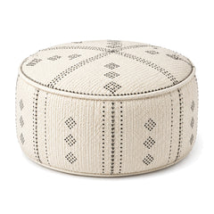 Ivory & Black Geometric Stitch Round Pouf Ottoman by Primeval on white background