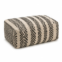 Ivory & Black Herringbone Stripe Woven Rectangular Pouf Ottoman on white background