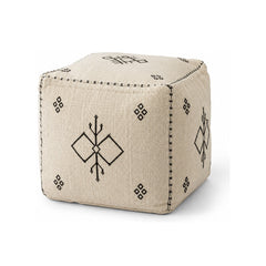 Ivory & Black Minimal Embroidered Cube Pouf Ottoman on white background