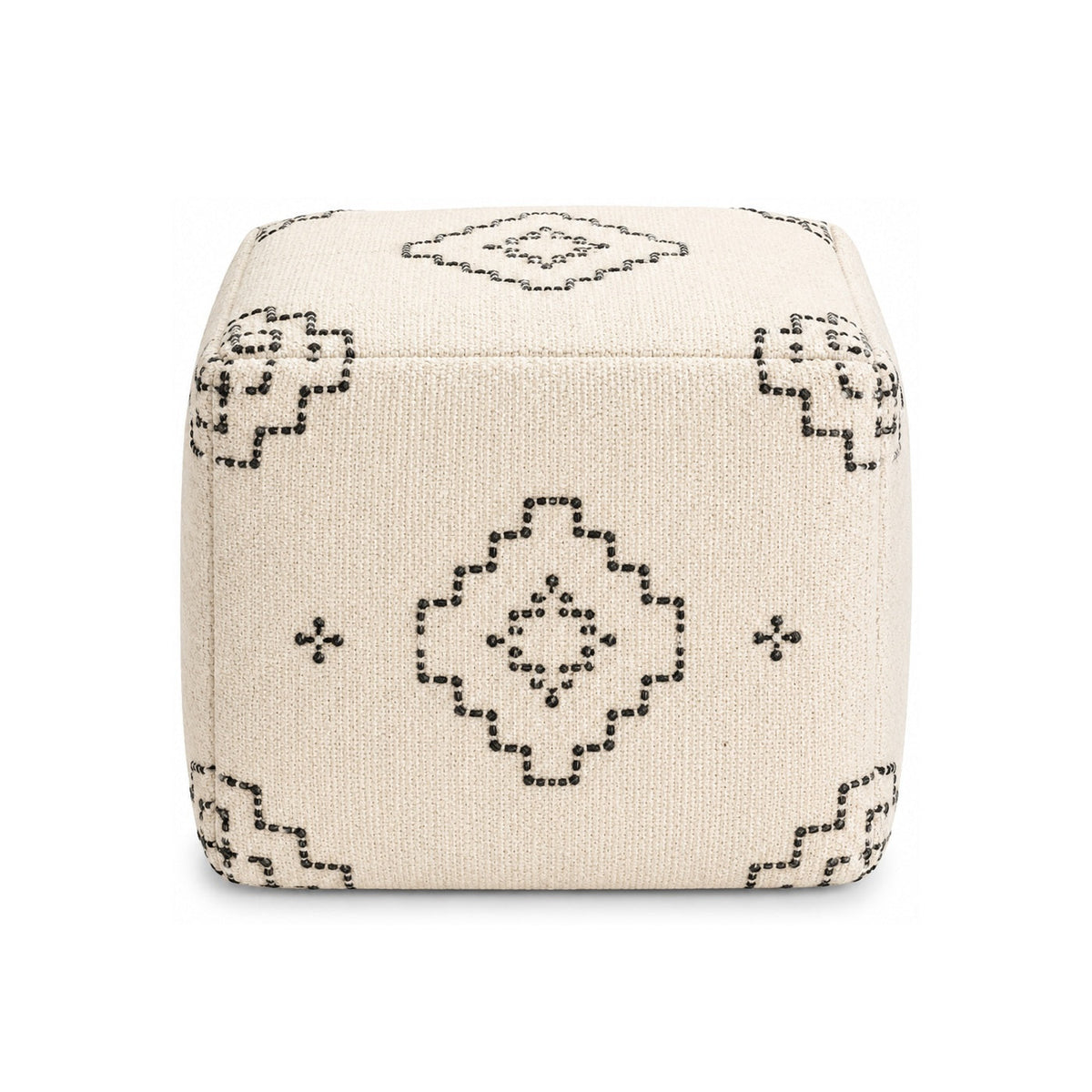 Ivory & Black Minimal Tribal Embroidered Cube Pouf Ottoman on white background