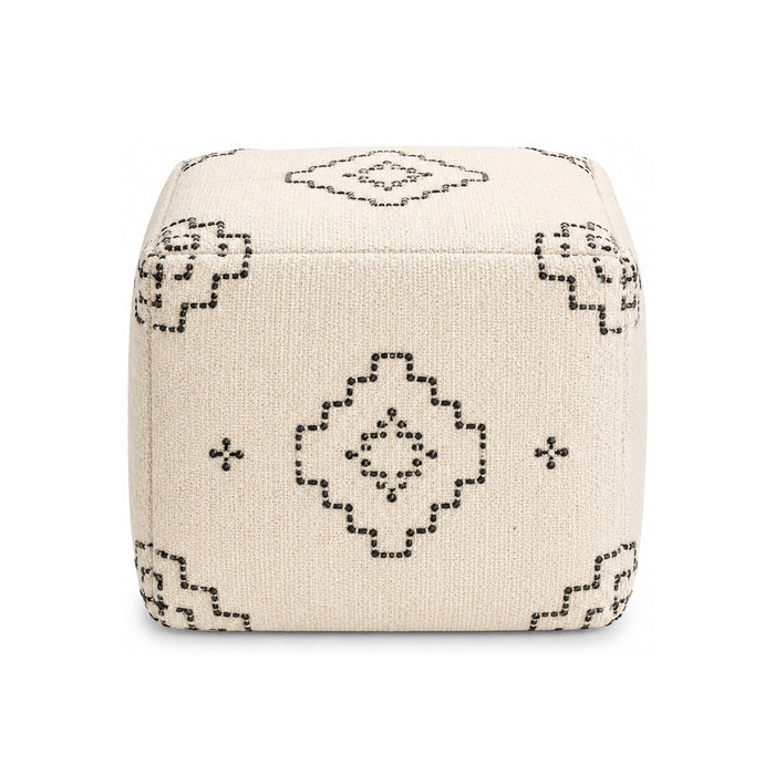 Ivory & Black Minimal Tribal Embroidered Cube Pouf Ottoman on white background