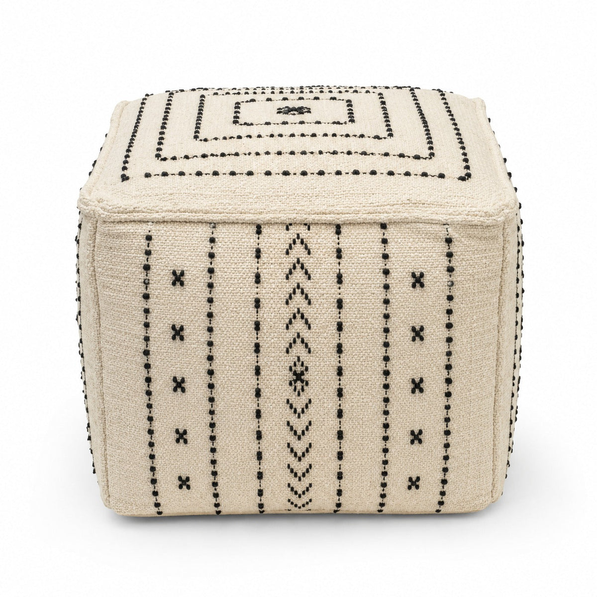 Ivory & Black Minimal Tribal Stripe Cube Pouf Ottoman on white background