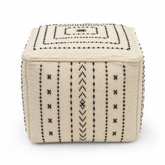 Ivory & Black Minimal Tribal Stripe Cube Pouf Ottoman on white background