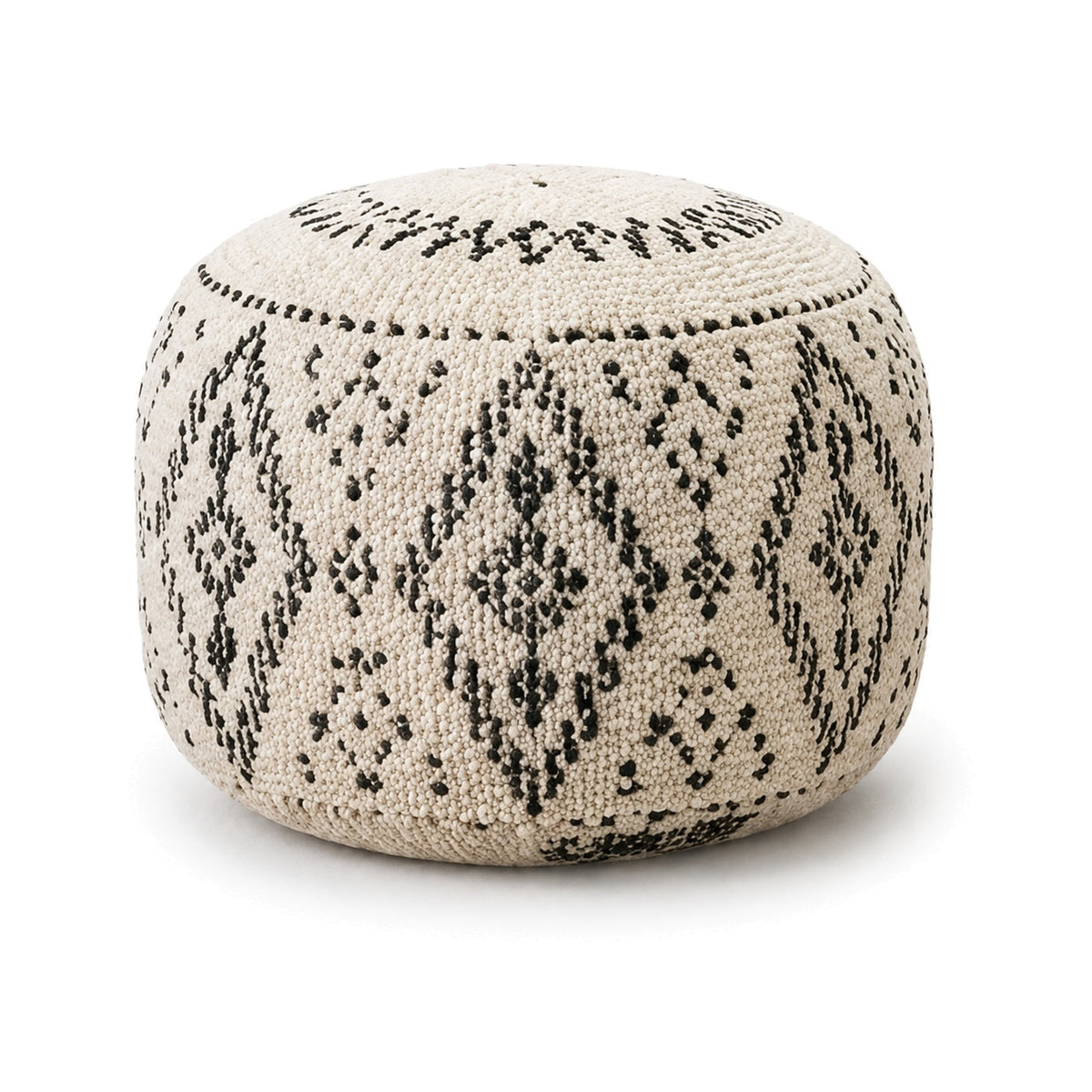 Ivory and black Moroccan diamond round pouf ottoman on white background