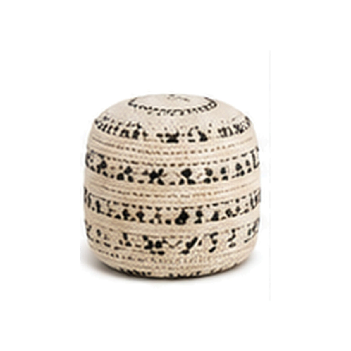 Ivory and black multi-band tribal tall pouf ottoman on white background