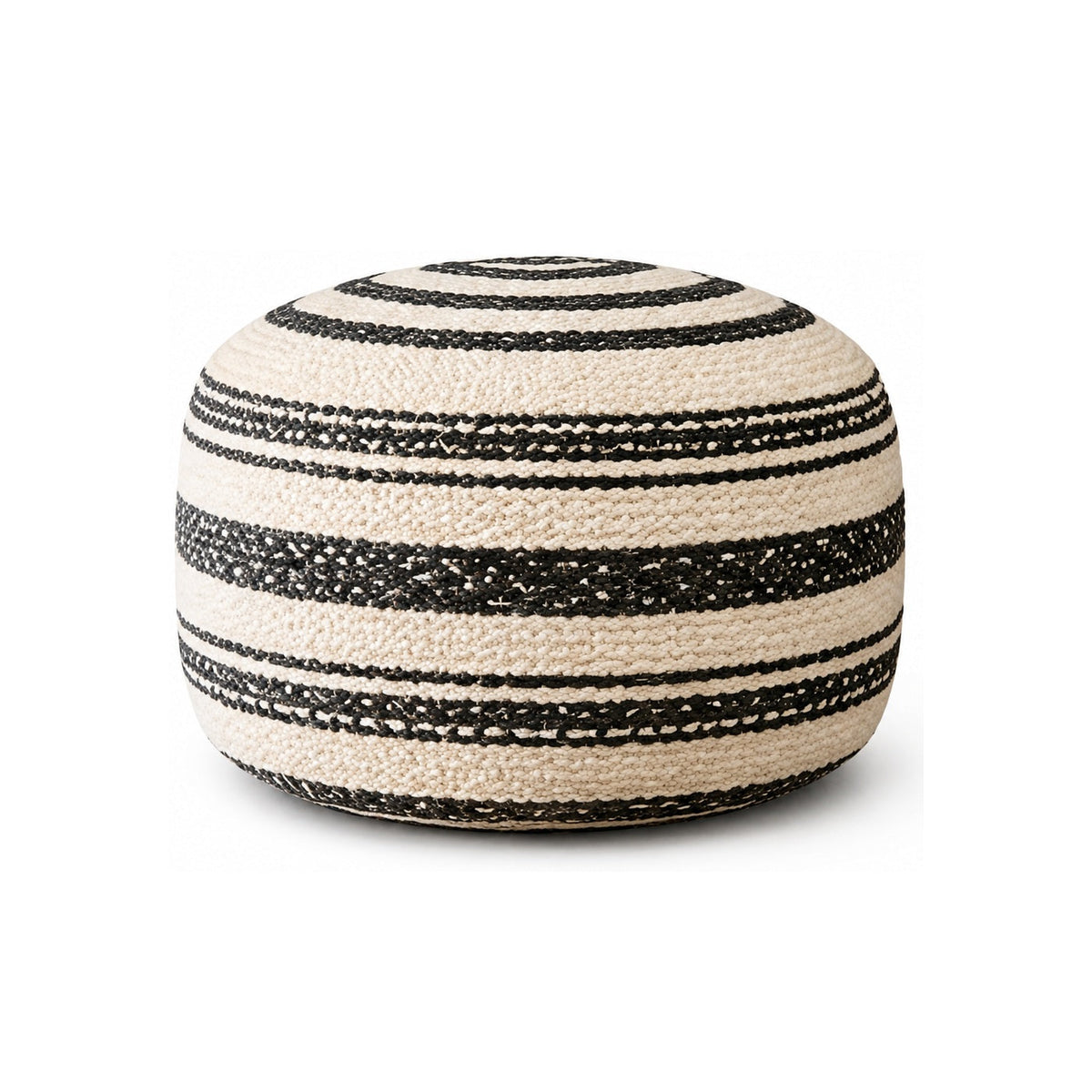 Ivory & Black Multi-Stripe Knit Round Pouf Ottoman on white background