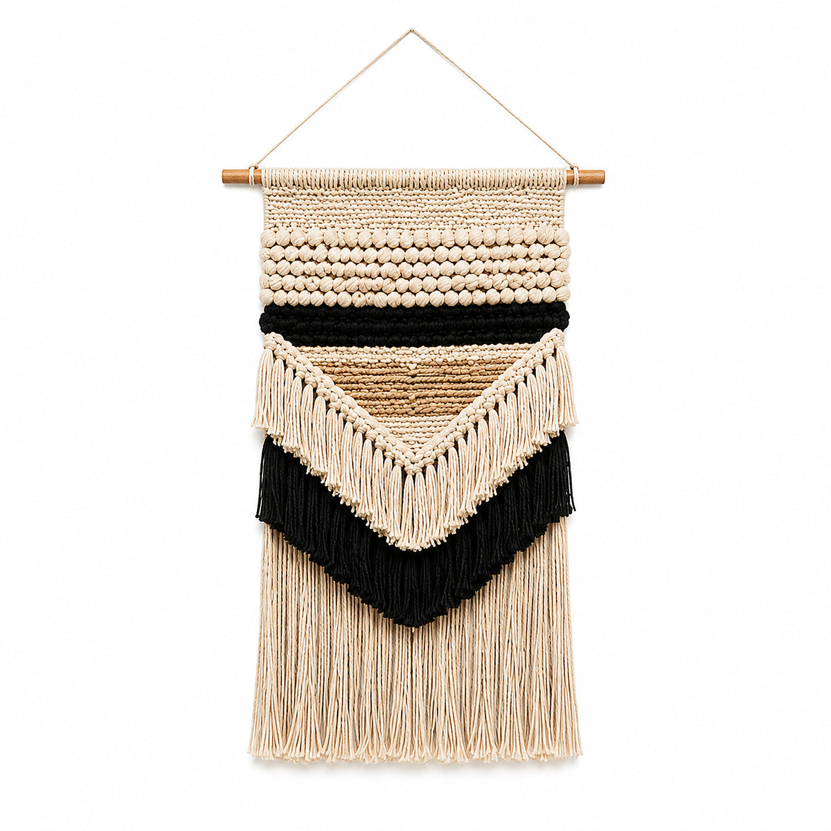 Ivory black and natural chevron macrame wall hanging with fringe by Primeval