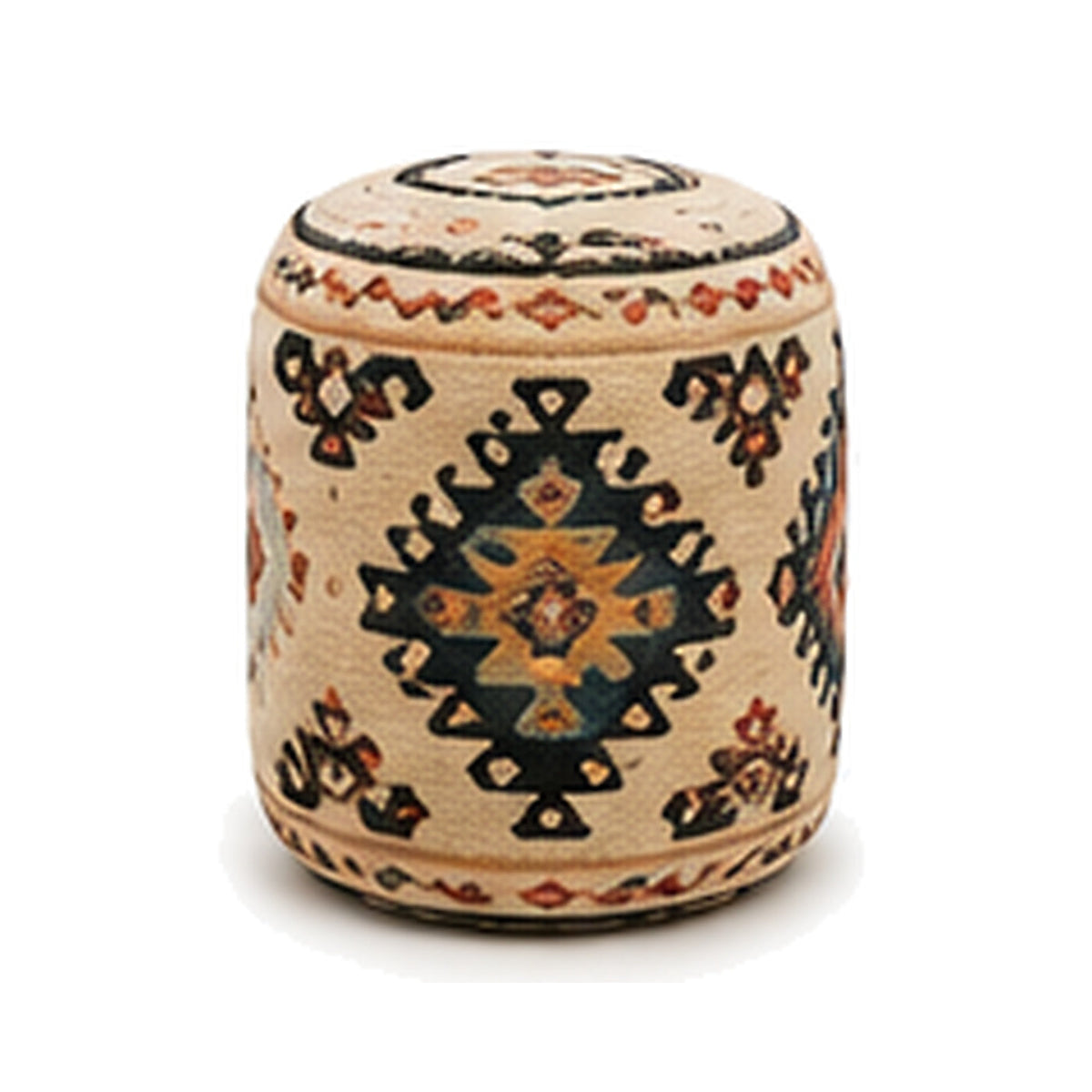 Ivory black and ochre tribal diamond wool kilim cylinder pouf ottoman on white background
