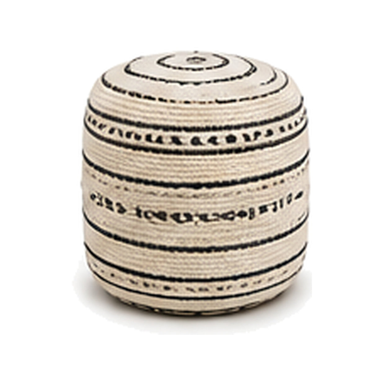 Ivory and black patterned horizontal band European style cylinder pouf ottoman on white background