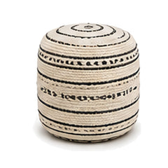 Ivory and black patterned horizontal band European style cylinder pouf ottoman on white background