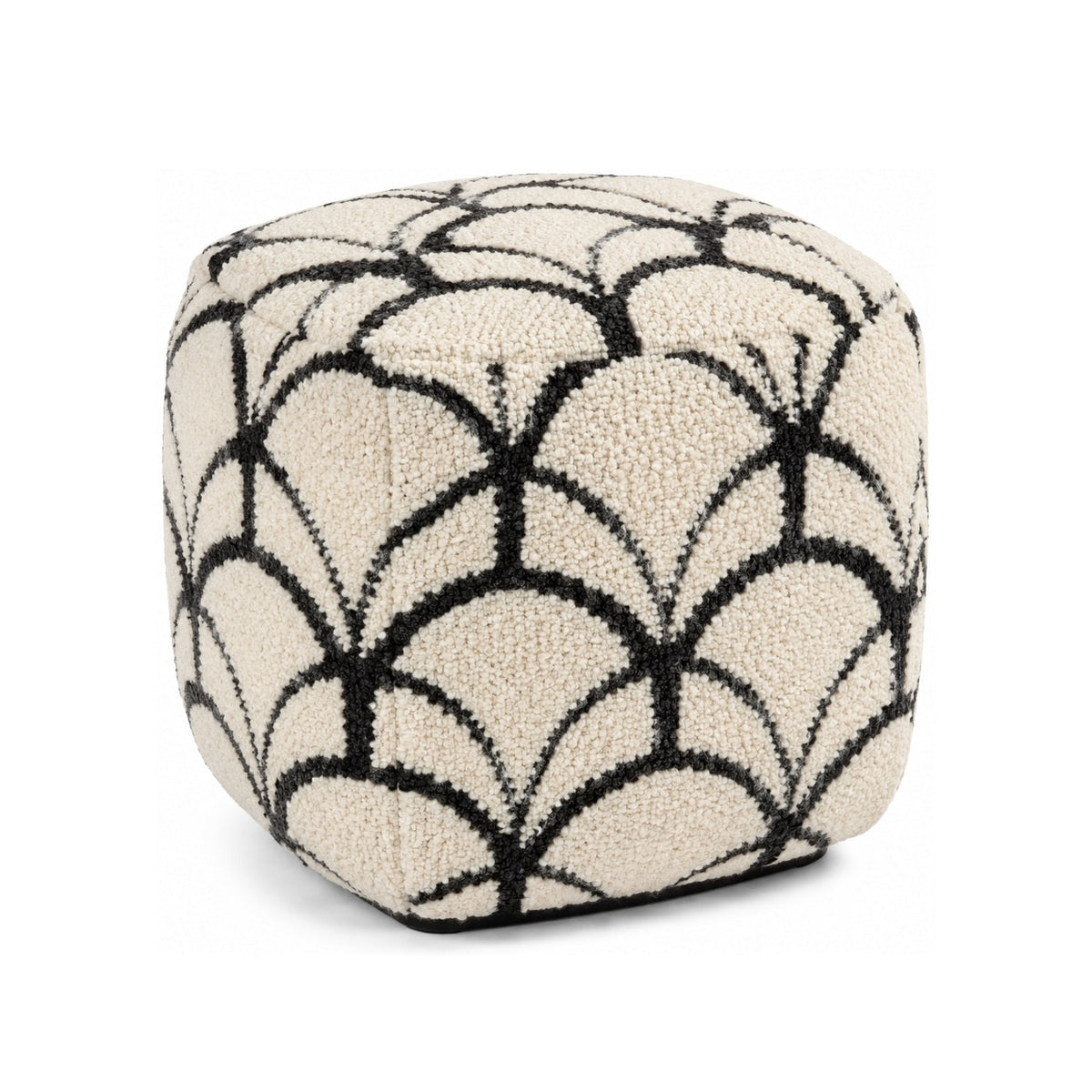 Ivory & Black Scallop Geometric Cube Pouf Ottoman on white background
