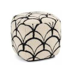 Ivory & Black Scallop Geometric Cube Pouf Ottoman on white background