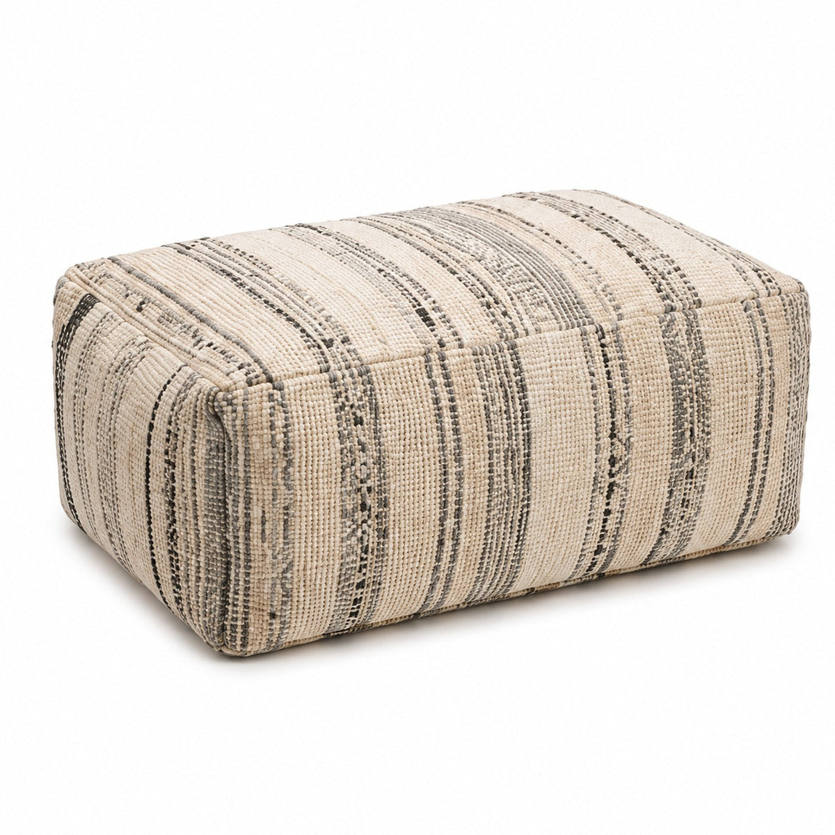 Ivory, Black & Taupe Fine Stripe Woven Rectangular Pouf Ottoman on white background