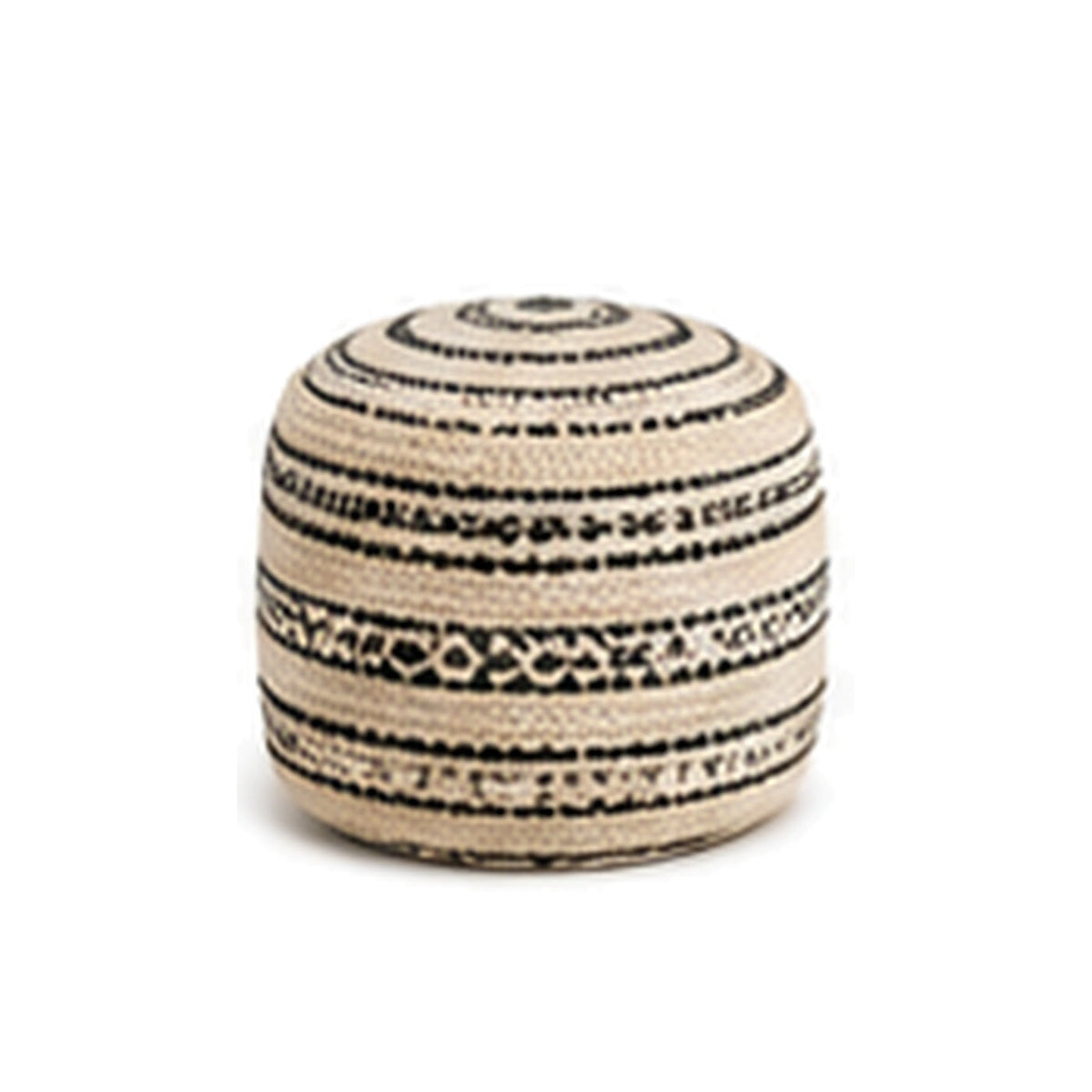 Ivory and black tribal band tall cylinder pouf ottoman on white background