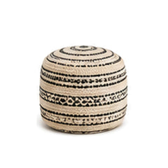 Ivory and black tribal band tall cylinder pouf ottoman on white background