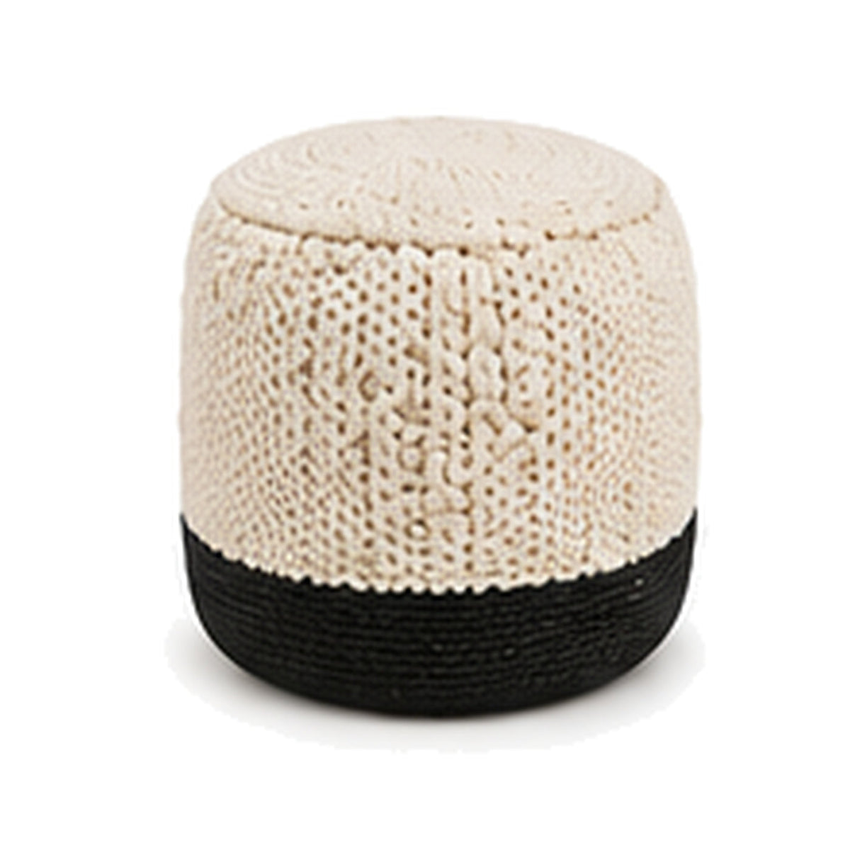 Ivory and black two tone open knit European style cylinder pouf ottoman on white background