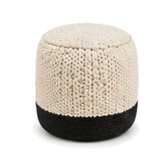 Ivory and black two tone open knit European style cylinder pouf ottoman on white background