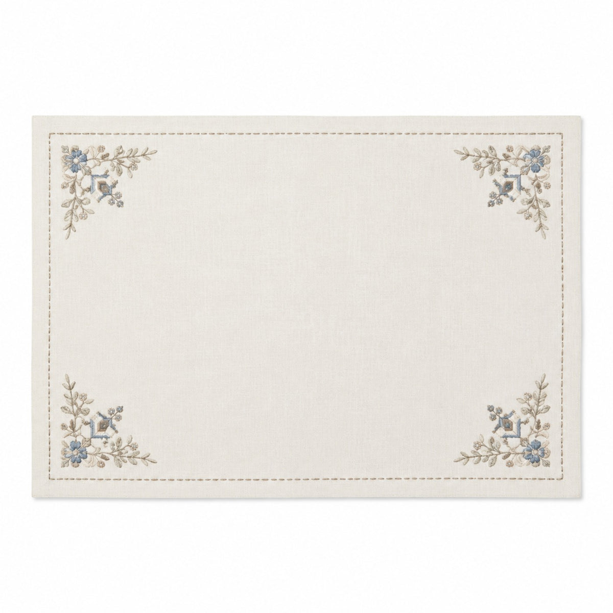 Ivory cotton placemat with dusty blue botanical corner embroidery and delicate border, elegant dining table mat by Primeval