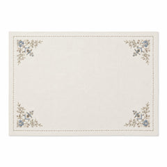 Ivory cotton placemat with dusty blue botanical corner embroidery and delicate border, elegant dining table mat by Primeval