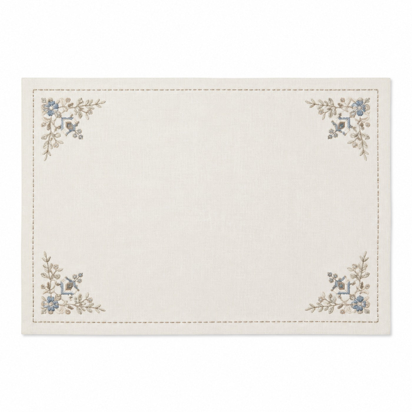 Ivory cotton placemat with dusty blue botanical corner embroidery and delicate border, elegant dining table mat by Primeval